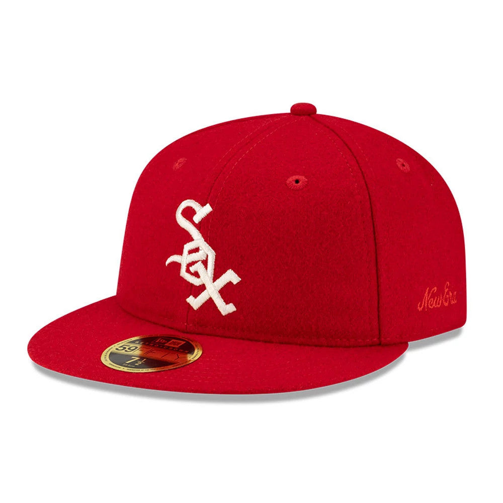 Chicago White Sox FOG X MLB Red Retro Crown New Era 59FIFTY Fitted Cap, three-quarter view showing the white embroidered team logo on the front panel, gold 59FIFTY size sticker on the red visor, and New Era script on the left side.