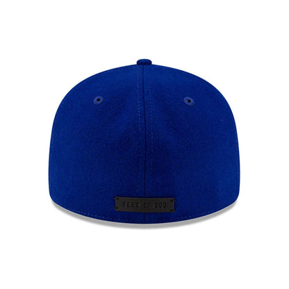 LA Dodgers FOG X MLB Dark Blue Retro Crown New Era 59FIFTY Fitted Cap, rear view showing a black Fear of God logo patch on the dark blue crown with matching eyelets and top button.