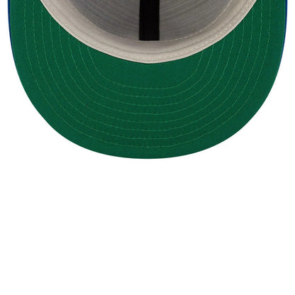 Chicago Cubs FOG X MLB Blue Retro Crown New Era 59FIFTY Fitted Cap, inside view showing green undervisor with stitching, grey sweatband, black internal taping and a structured design typical of the 59FIFTY silhouette.