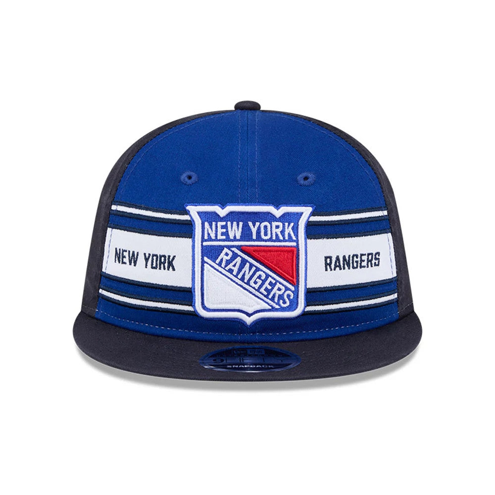 New York Rangers NHL Team Stripes Blue Retro Crown New Era 9FIFTY Adjustable Cap, front view showing the raised embroidered team logo on striped front panels, with a contrasting dark blue visor and a 9FIFTY size sticker.