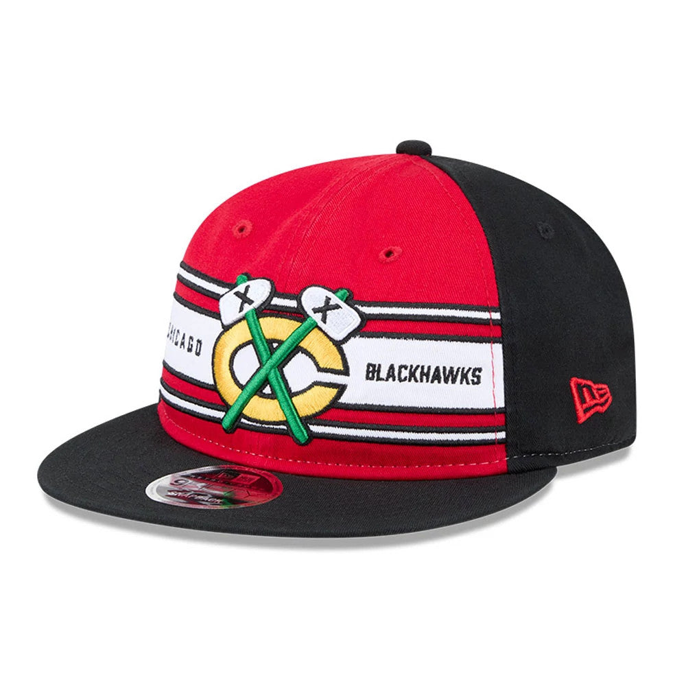 Chicago Blackhawks NHL Team Stripes Red Retro Crown New Era 9FIFTY Adjustable Cap, three-quarter view showing the embroidered Blackhawks logo and wordmark on red panel with a black visor and a white-striped band, featuring a 9FIFTY size sticker.