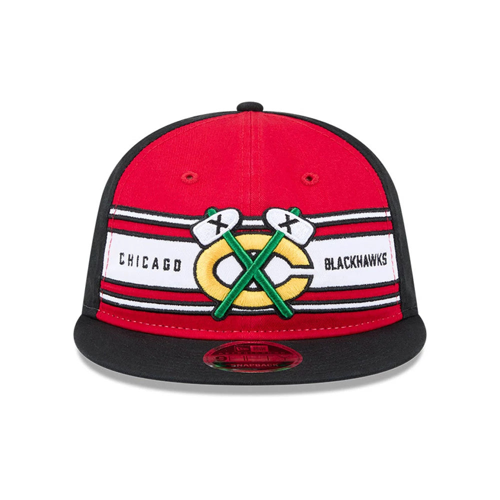 Chicago Blackhawks NHL Team Stripes Red Retro Crown New Era 9FIFTY Adjustable Cap, front view showing the embroidered crossed tomahawks over a C logo and stripes, with a black flat visor and the 9FIFTY size sticker.