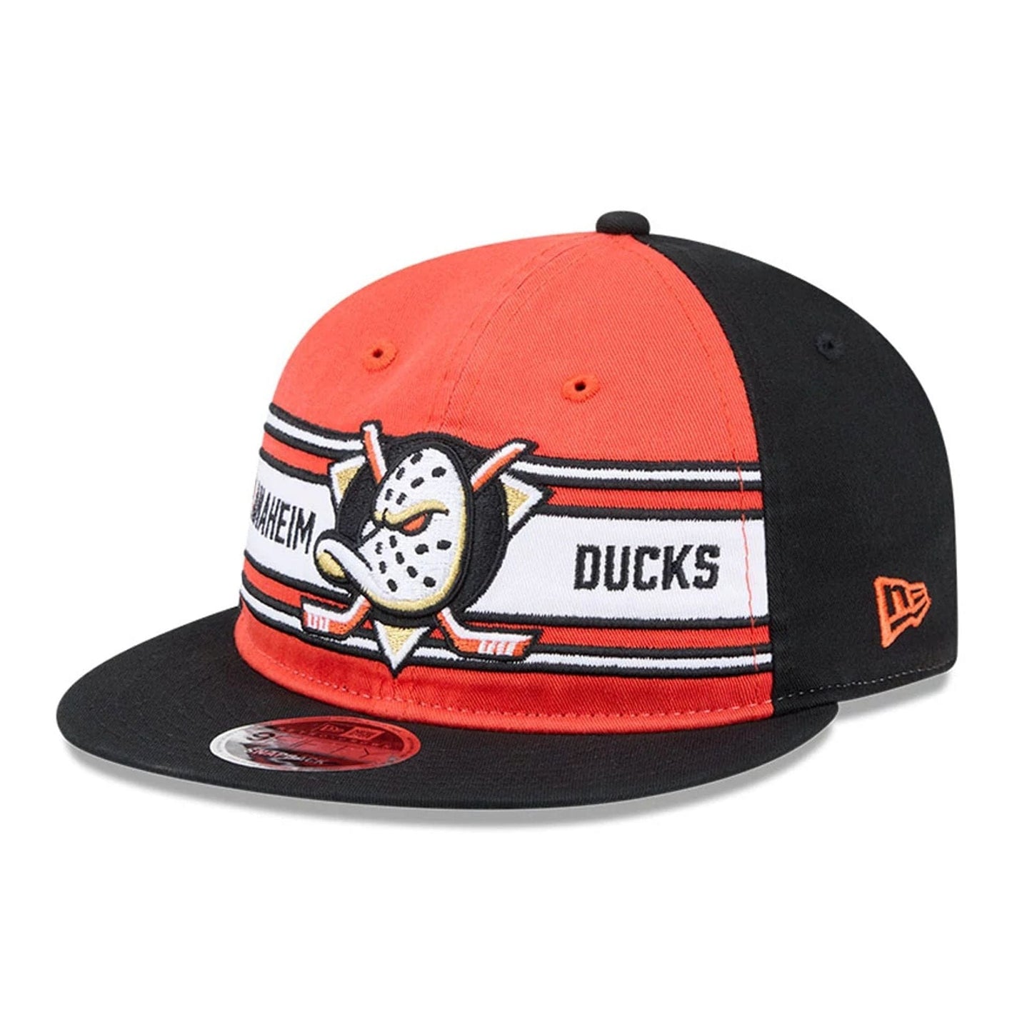 Pictured is this NHL Team Stripes Anaheim Ducks Retro Crown 9FIFTY cap in orange. 1