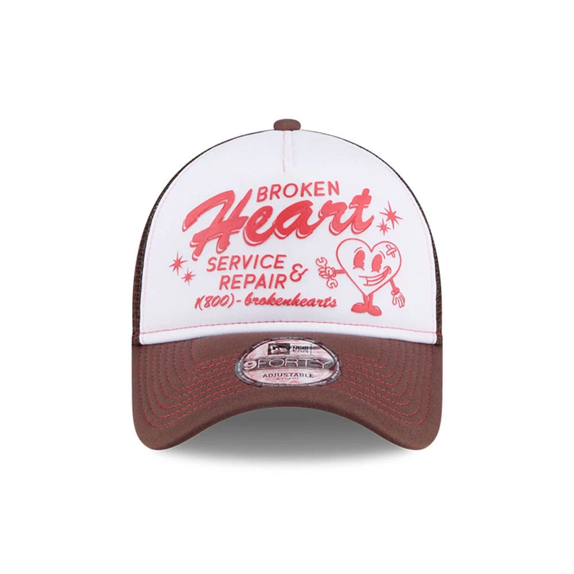Pictured is this New Era Broken Heart Service & Repair 9FORTY A-Frame Trucker cap in white. 4