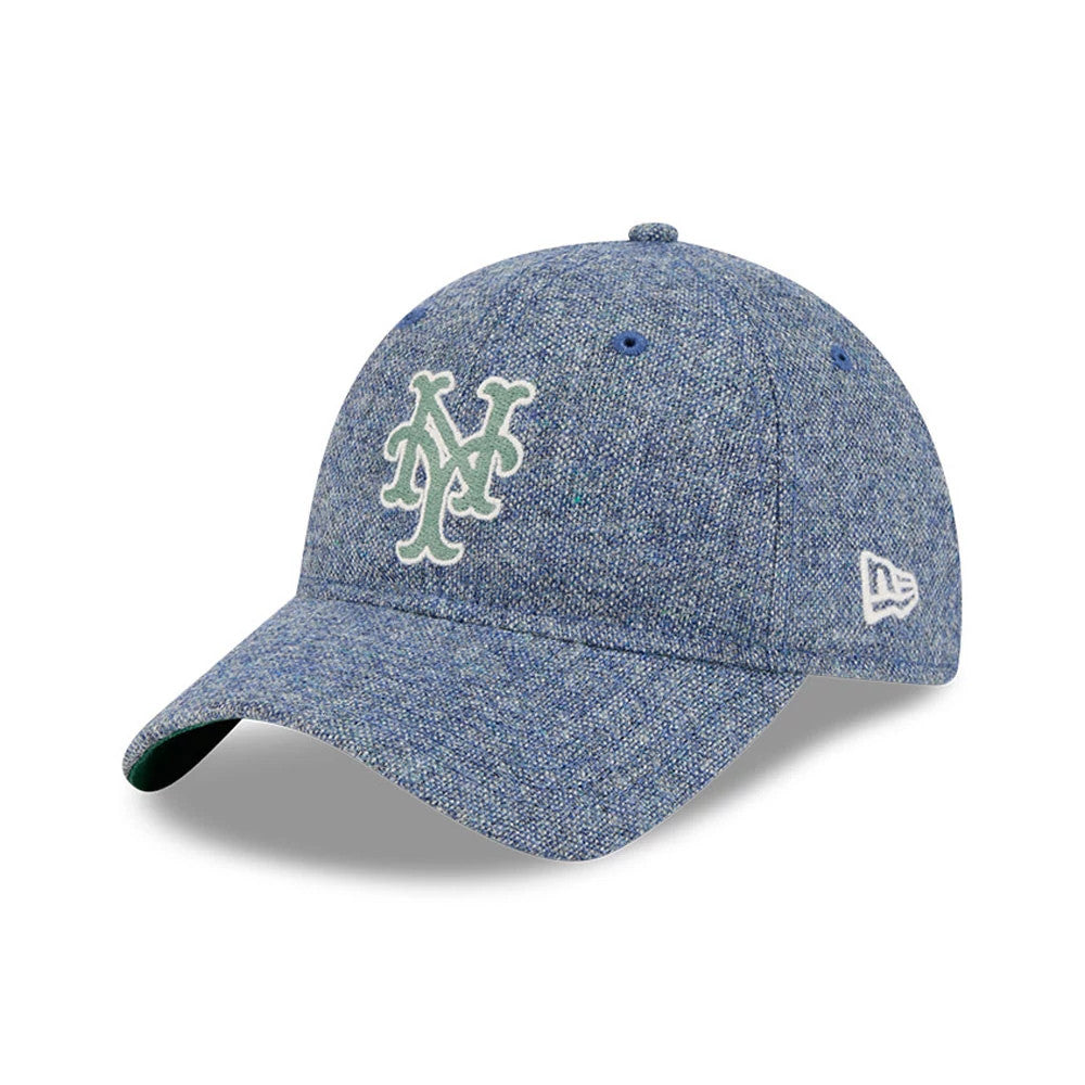 New York Mets MLB X Moon Blue New Era 9TWENTY Adjustable Cap, three-quarter view showing the white embroidered Mets logo on the front panel, curved blue visor, and white New Era flag logo on the left side.