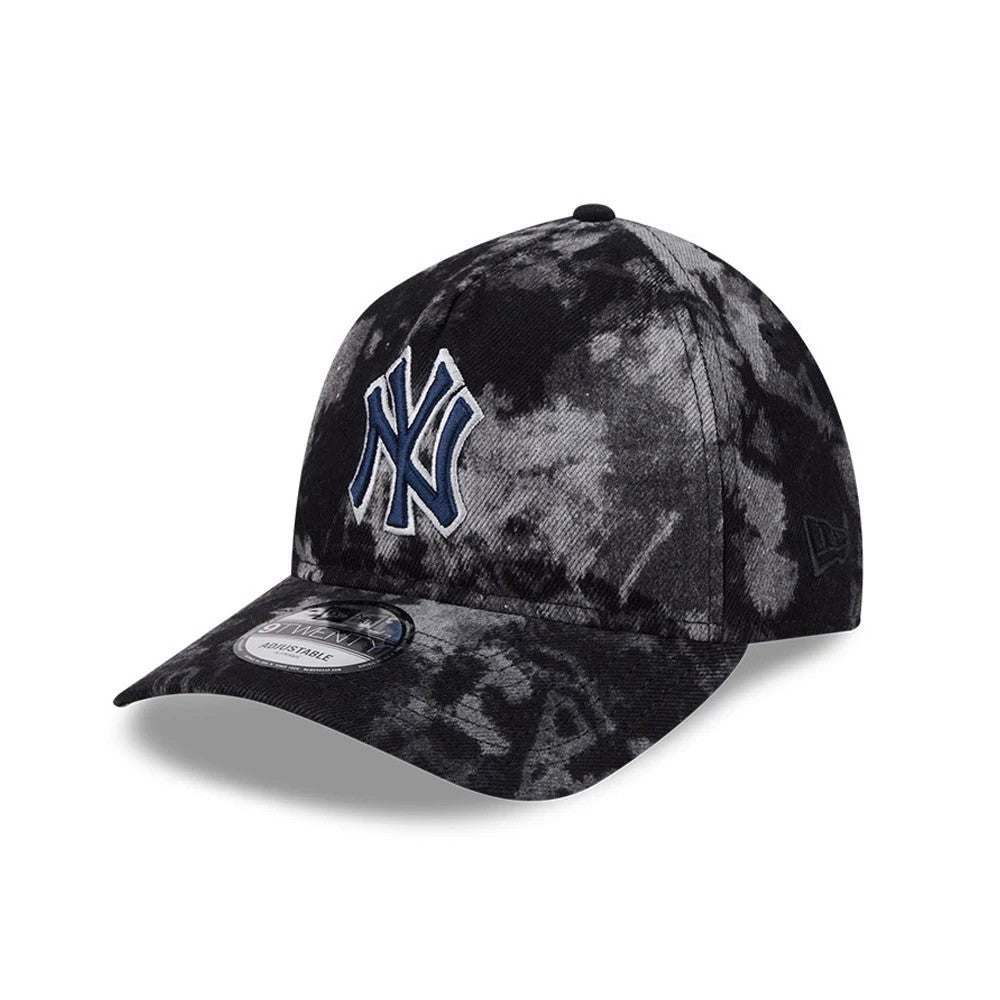 New York Yankees MLB Bleached Denim Black New Era 9TWENTY A-Frame Adjustable Cap, three-quarter view showing a raised white-outlined navy Yankees logo on the front panel with a bleached denim pattern and a 9TWENTY size sticker on the curved visor.