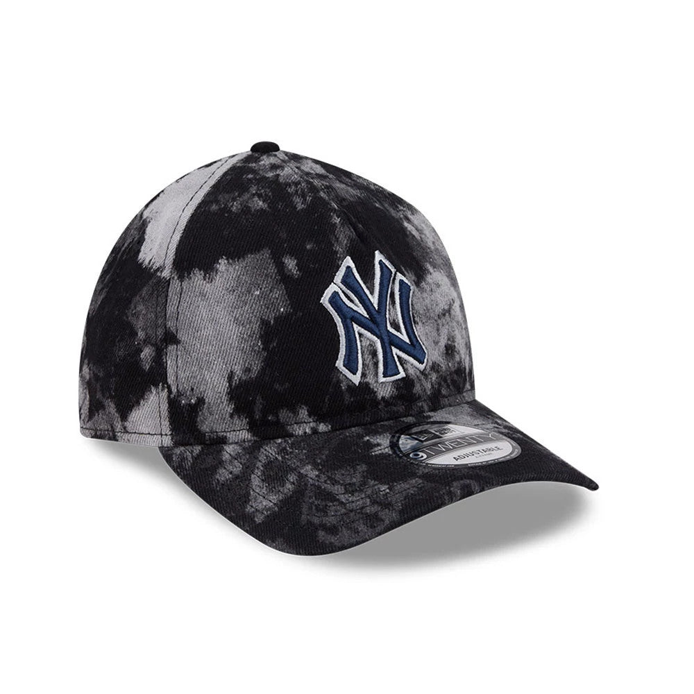 New York Yankees MLB Bleached Denim Black New Era 9TWENTY A-Frame Adjustable Cap, three-quarter view showing the raised navy NY logo on the front panel, curved visor with a 9TWENTY size sticker, and a bleached denim pattern.