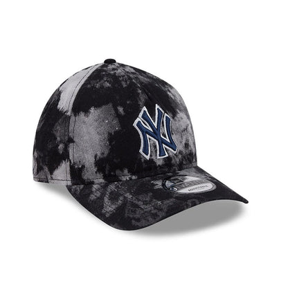 New York Yankees MLB Bleached Denim Black New Era 9TWENTY A-Frame Adjustable Cap, three-quarter view showing the raised navy NY logo on the front panel, curved visor with a 9TWENTY size sticker, and a bleached denim pattern.