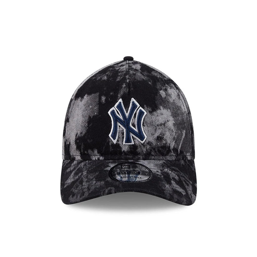 New York Yankees MLB Bleached Denim Black New Era 9TWENTY A-Frame Adjustable Cap, front view showing a white-outlined navy NY logo in raised embroidery on the bleached denim-patterned crown, with a 9TWENTY size sticker on the curved visor.