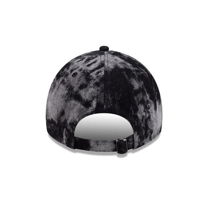 New York Yankees MLB Bleached Denim Black New Era 9TWENTY A-Frame Adjustable Cap, rear view showing a black buckle at the back strap and the bleached pattern across the panels and top button.