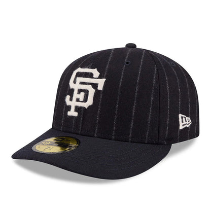San Francisco Giants MLB X Moon Navy New Era 59FIFTY Fitted Cap, three-quarter view showing the white embroidered SF logo on the front panel, with navy pinstripes, a curved visor, and a gold 59FIFTY size sticker on the visor.