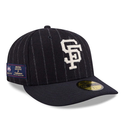 San Francisco Giants MLB X Moon Navy New Era 59FIFTY Fitted Cap, front view showing the white embroidered SF logo on the pinstriped navy panels, a black flat visor with a gold 59FIFTY size sticker, and a navy Moon label on the left side.