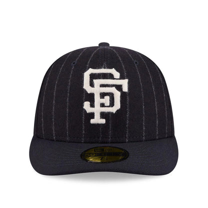 San Francisco Giants MLB X Moon Navy New Era 59FIFTY Fitted Cap, front view showing the white embroidered SF logo on the navy pinstriped crown, with a navy flat visor and a gold 59FIFTY size sticker on the visor.
