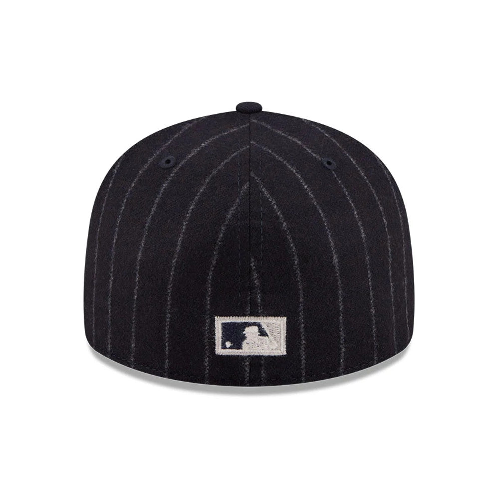 San Francisco Giants MLB X Moon Navy New Era 59FIFTY Fitted Cap, rear view showing the white embroidered MLB Batterman logo at the centre of pinstriped back panels with a navy top button and matching eyelets.