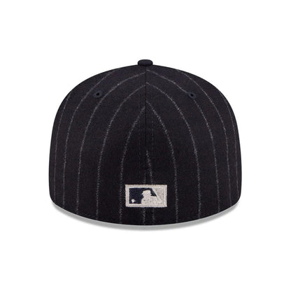 San Francisco Giants MLB X Moon Navy New Era 59FIFTY Fitted Cap, rear view showing the white embroidered MLB Batterman logo at the centre of pinstriped back panels with a navy top button and matching eyelets.
