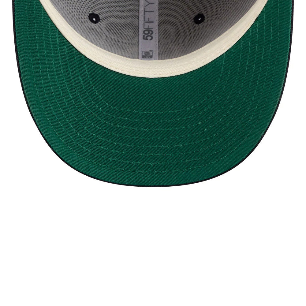 San Francisco Giants MLB X Moon Navy New Era 59FIFTY Fitted Cap, inside view showing the green undervisor, white sweatband, and grey taping with a 59FIFTY label beneath the black crown eyelets.
