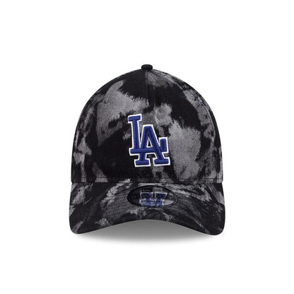 LA Dodgers MLB Bleached Denim Black New Era 9TWENTY A-Frame Adjustable Cap, front view showing a raised blue embroidered LA logo on the centre of the bleached crown with a black curved visor and a 9TWENTY size sticker.
