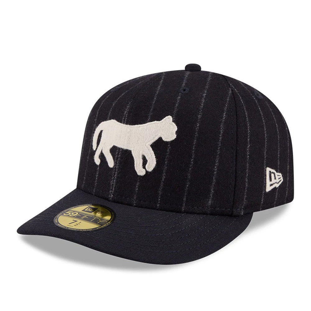 Detroit Tigers MLB X Moon Navy New Era 59FIFTY Fitted Cap, three-quarter view showing the white embroidered tiger logo on the front panel, a pinstripe pattern on the navy crown, and a gold 59FIFTY size sticker on the flat visor.
