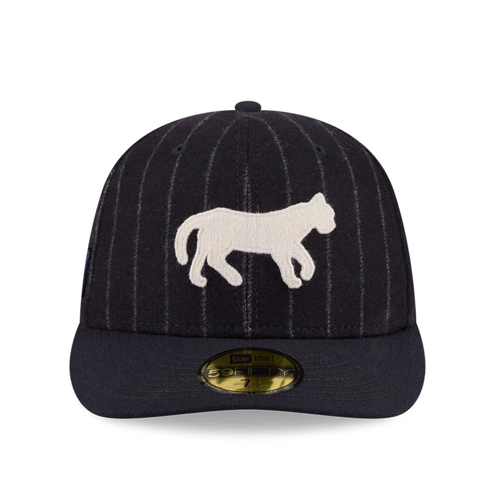 Detroit Tigers MLB X Moon Navy New Era 59FIFTY Fitted Cap, front view showing a white embroidered tiger graphic centred on the pinstriped navy crown, with a matching navy visor and gold 59FIFTY size sticker.