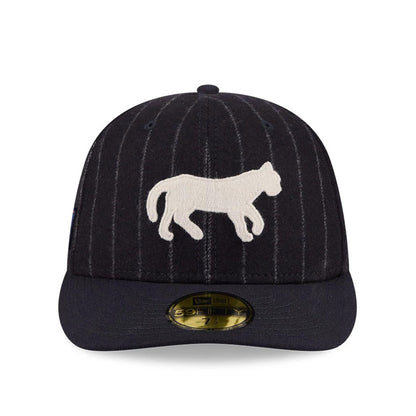 Detroit Tigers MLB X Moon Navy New Era 59FIFTY Fitted Cap, front view showing a white embroidered tiger graphic centred on the pinstriped navy crown, with a matching navy visor and gold 59FIFTY size sticker.