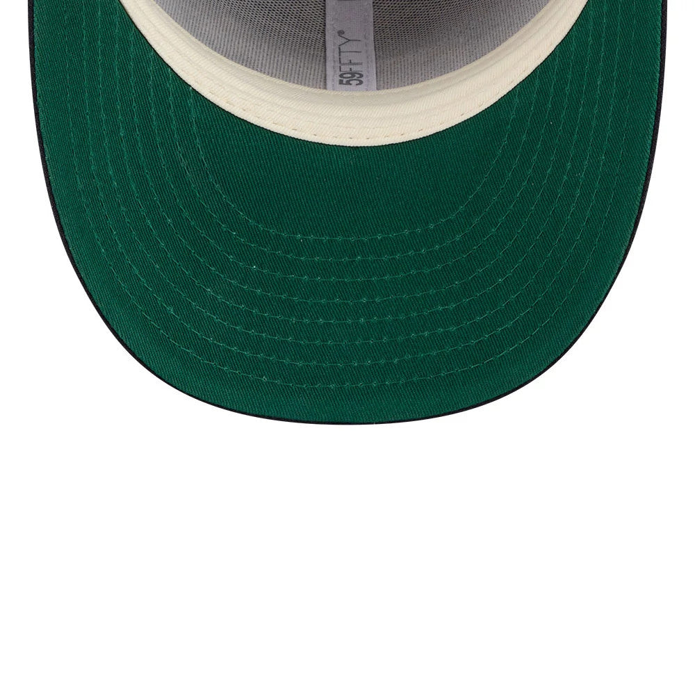 Detroit Tigers MLB X Moon Navy New Era 59FIFTY Fitted Cap, inside view showing the green undervisor, grey size taping with the 59FIFTY logo, and a contrasting white sweatband lining the edge.