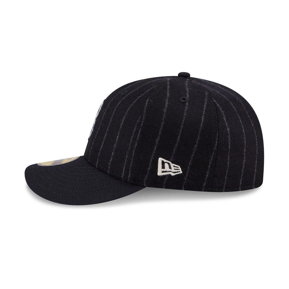 Boston Red Sox MLB X Moon Navy New Era 59FIFTY Fitted Cap, side view featuring the white embroidered New Era flag logo on the left side with a navy pinstriped crown and a navy visor.