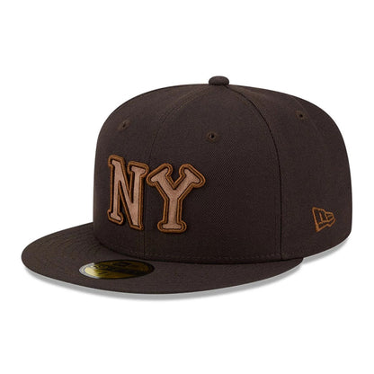 New York Black Yankees MLB Negro League Dark Brown New Era 59FIFTY Fitted Cap, front view featuring large brown NY embroidery on the structured dark brown crown, a flat visor, and a gold 59FIFTY size sticker.