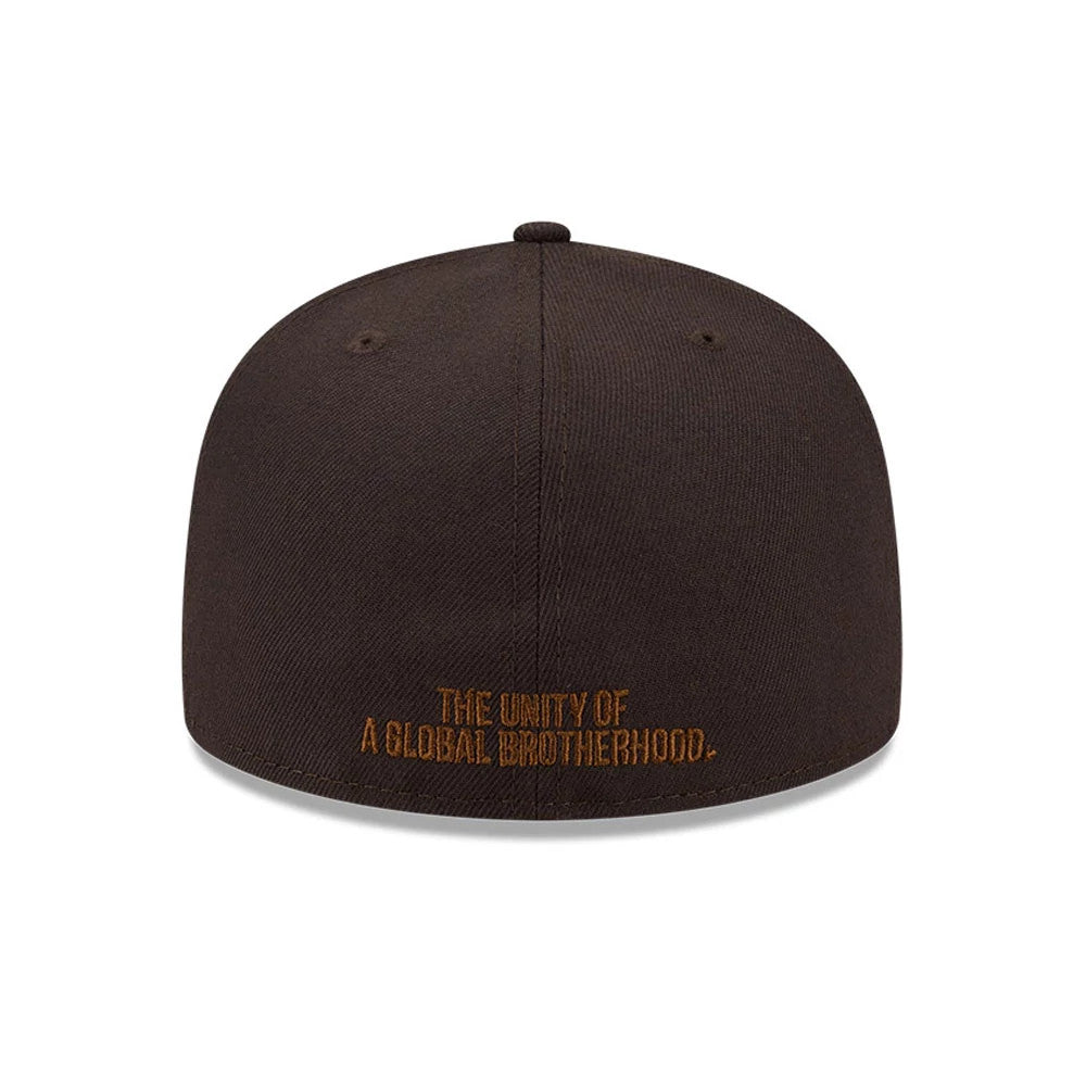 New York Black Yankees MLB Negro League Dark Brown New Era 59FIFTY Fitted Cap, rear view showing brown embroidered text The Unity of a Global Brotherhood along the base of the structured dark brown crown.