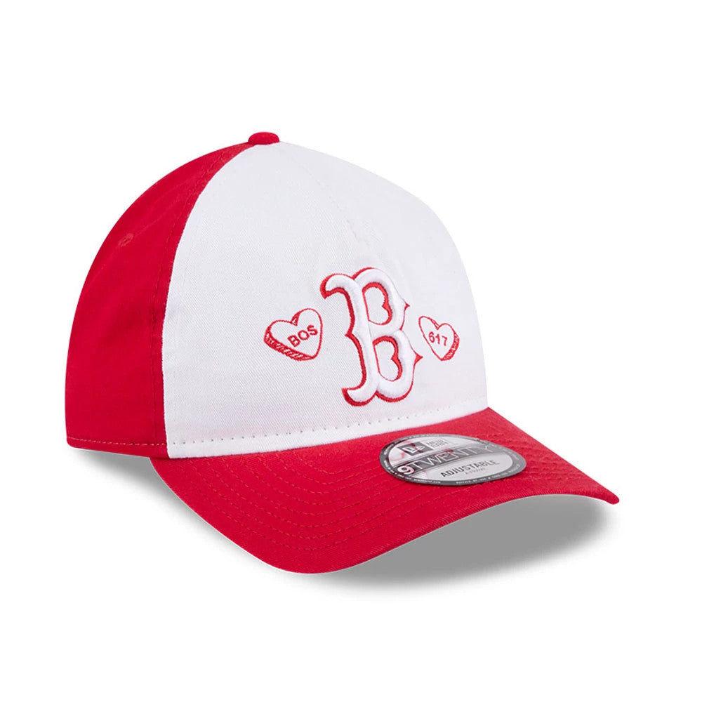 Boston Red Sox MLB Conversation Hearts Red New Era 9TWENTY A-Frame Adjustable Cap, three-quarter view showing white front panels with red embroidered B logo and heart graphics, red visor with 9TWENTY size sticker, and red top button.