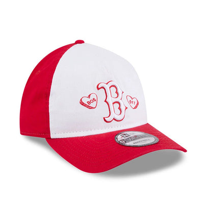 Boston Red Sox MLB Conversation Hearts Red New Era 9TWENTY A-Frame Adjustable Cap, three-quarter view showing white front panels with red embroidered B logo and heart graphics, red visor with 9TWENTY size sticker, and red top button.