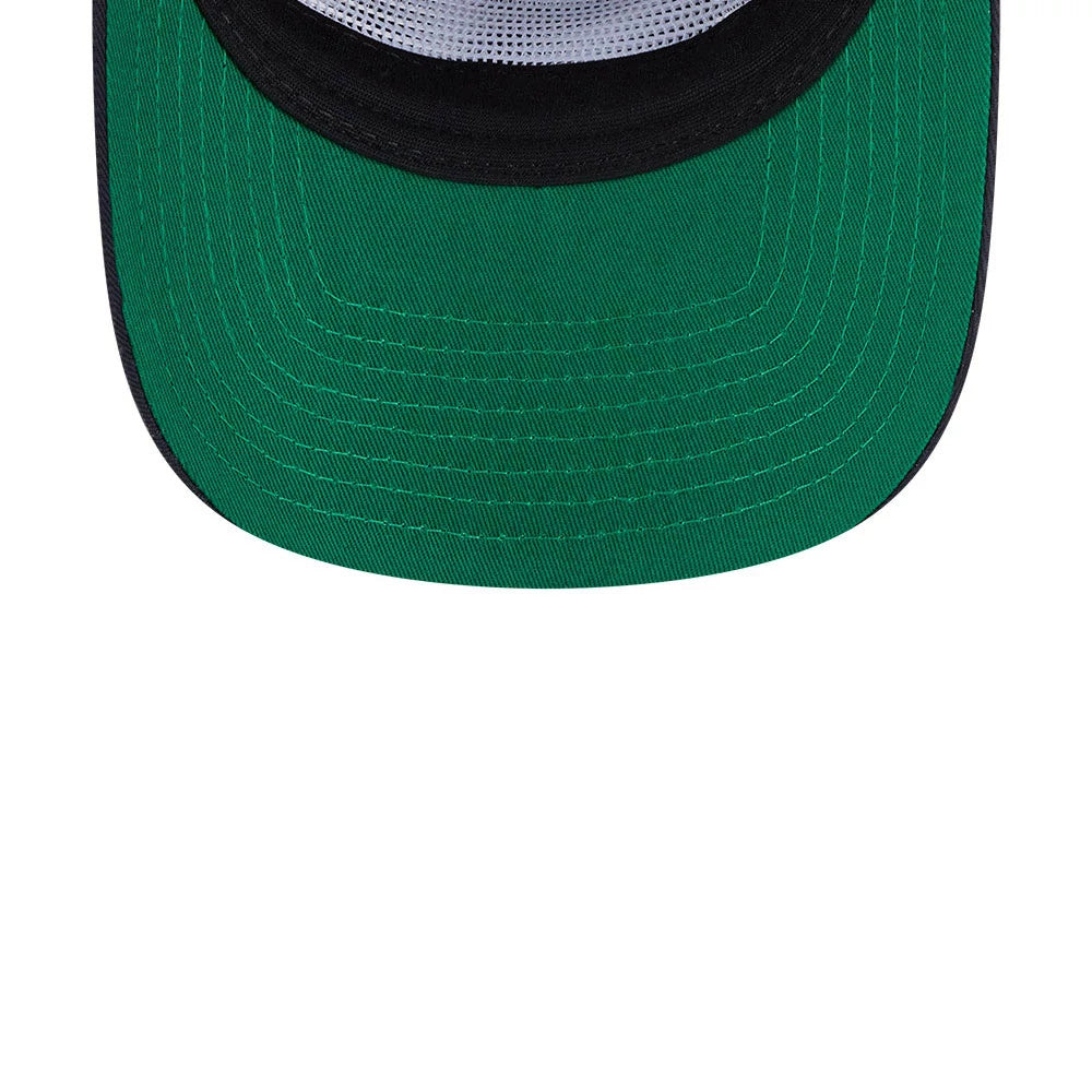Boston Red Sox MLB Felt Logo Navy New Era 19TWENTY Adjustable Cap, inside view showing the green undervisor and black sweatband, highlighting the cap's classic design with a white mesh lining.