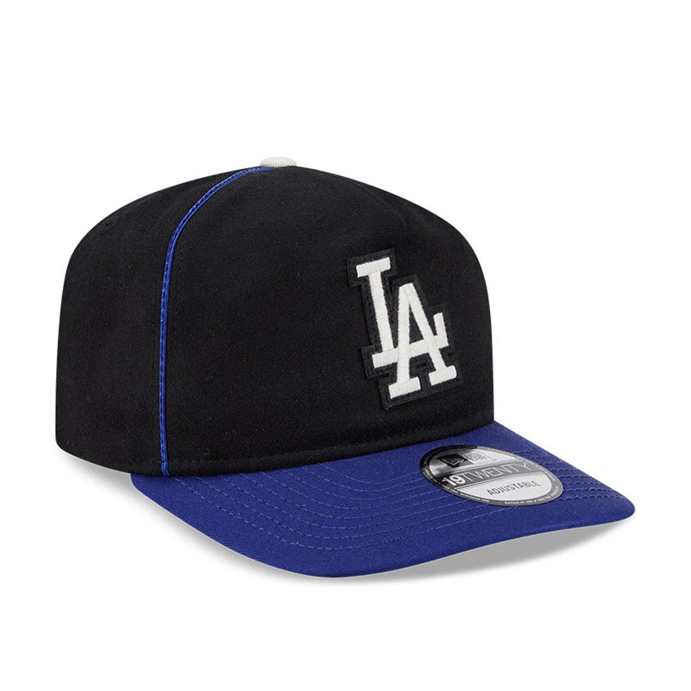 LA Dodgers MLB Felt Logo Dark Blue New Era 19TWENTY Adjustable Cap, three-quarter view showing the white raised LA logo on the black front panel, with a contrasting blue visor and a 19TWENTY size sticker.