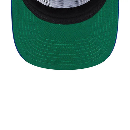 New York Mets MLB Felt Logo Blue New Era 19TWENTY Adjustable Cap, inside view showing the green undervisor with stitching, black sweatband, and interior taping, highlighting the open mesh crown design.