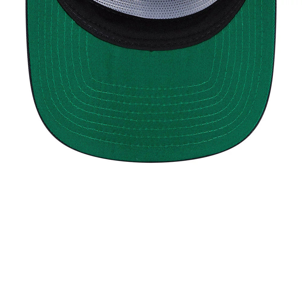 New York Yankees MLB Felt Logo Navy New Era 19TWENTY Adjustable Cap, inside view showing the green undervisor in contrast with the black sweatband and detailed stitching pattern.