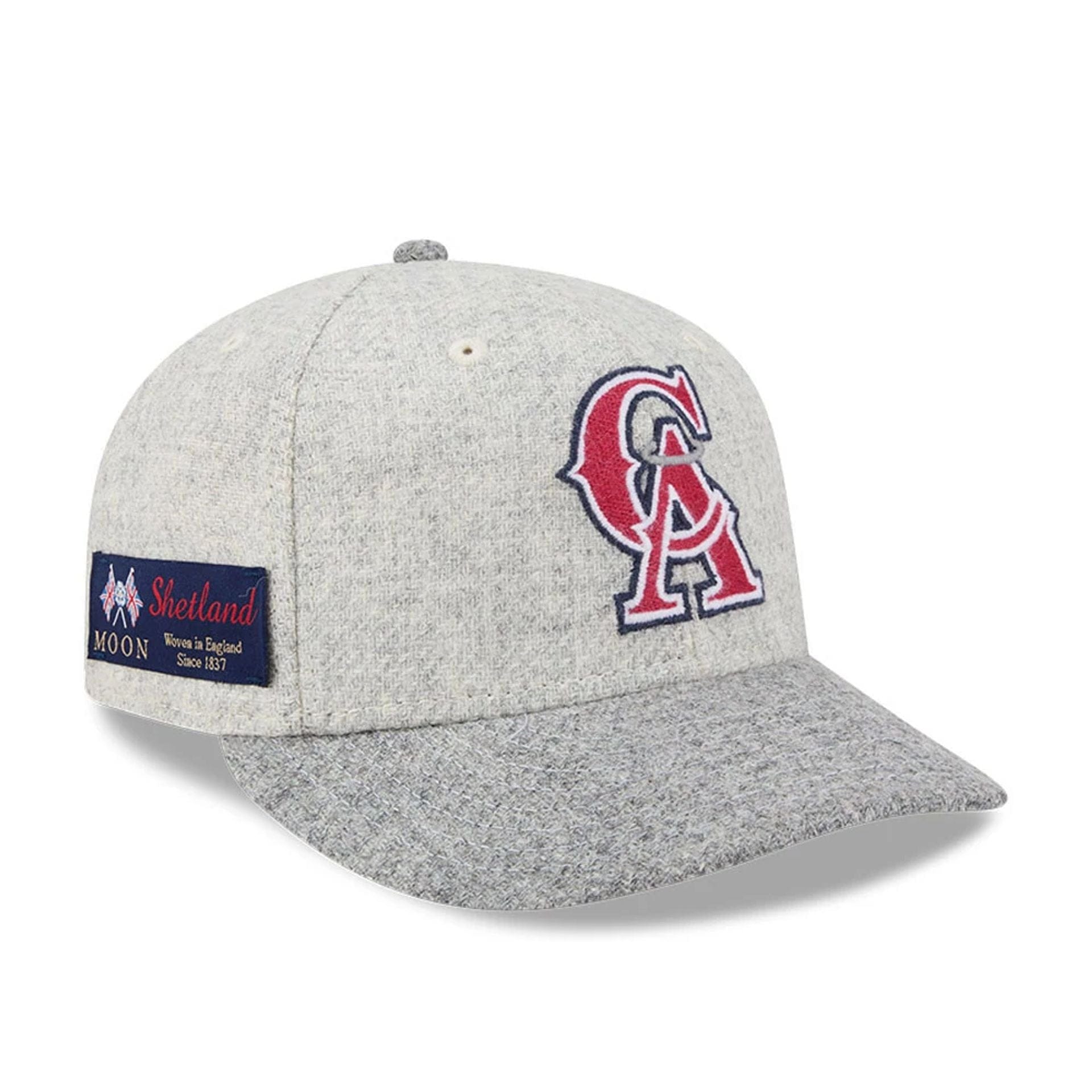 Pictured is this MLB X Moon LA Angels 59FIFTY Fitted cap in light beige. 1