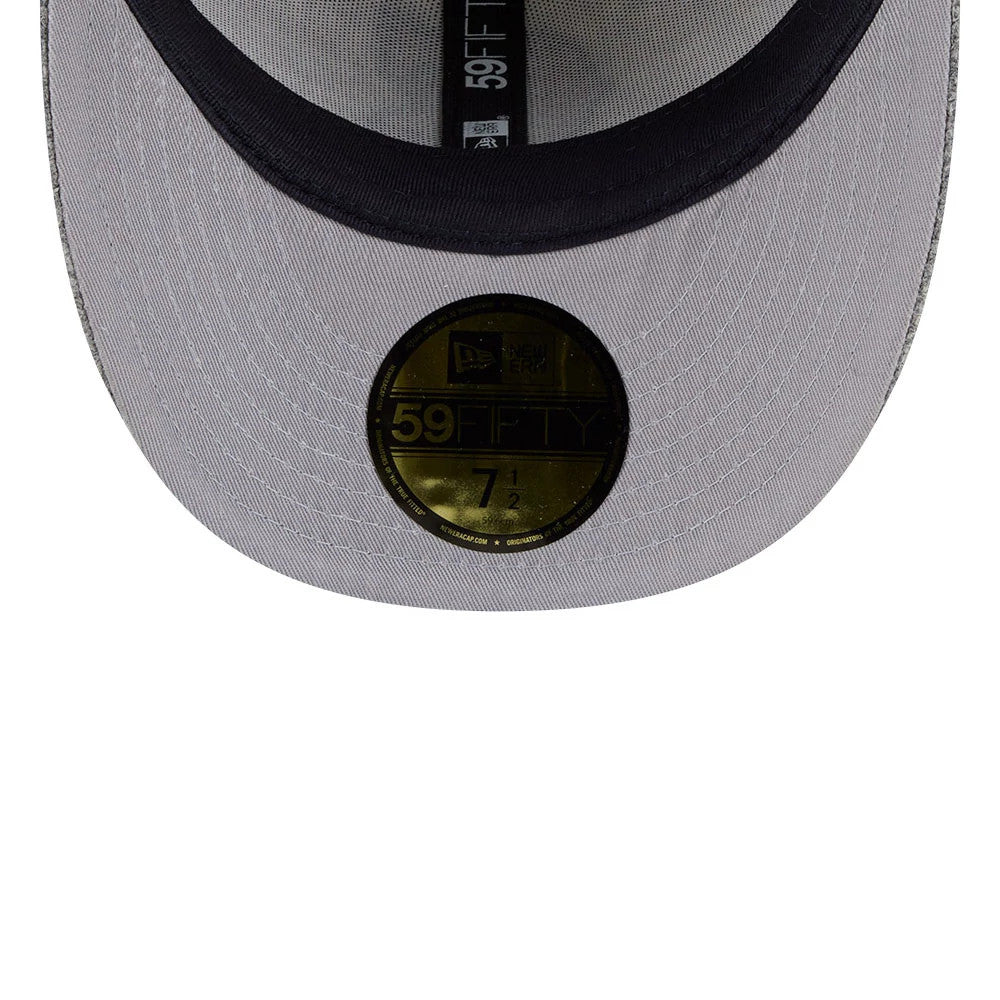 LA Angels MLB X Moon Light Beige New Era 59FIFTY Fitted Cap, inside view showing black sweatband, grey undervisor, black and white taping with logo, and a gold 59FIFTY size sticker at the centre.