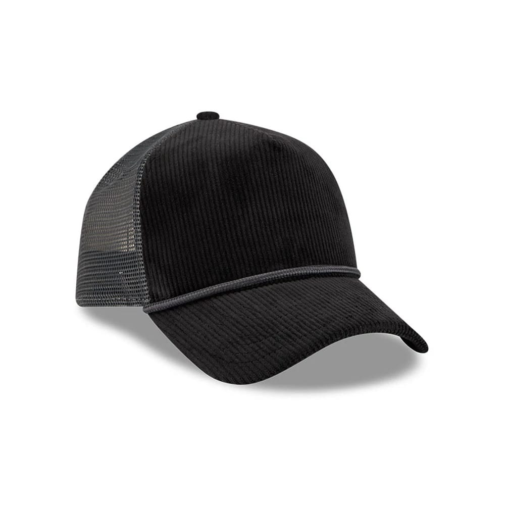 Pictured is this New Era Wide Cord 9FORTY A-Frame Trucker cap in black. 3