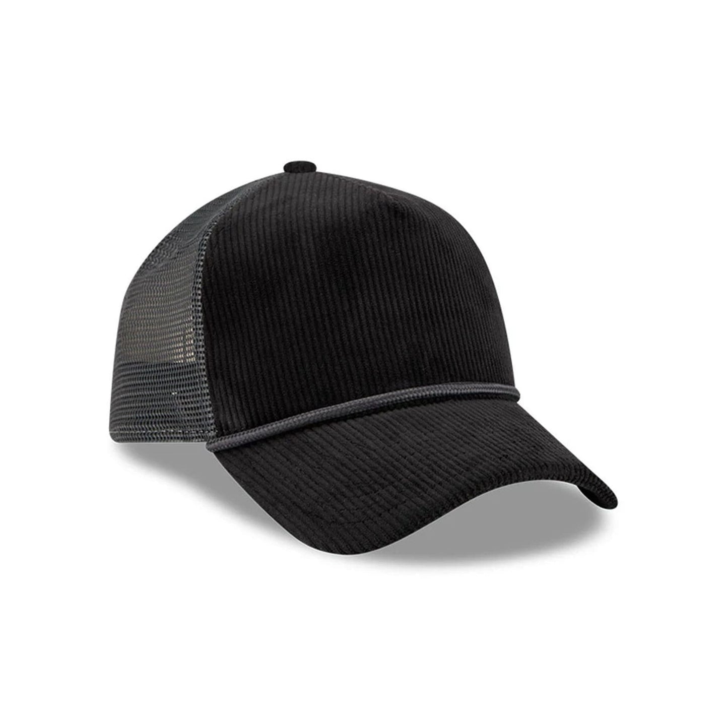 Pictured is this New Era Wide Cord 9FORTY A-Frame Trucker cap in black. 3