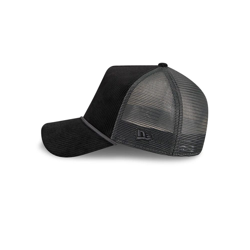 Pictured is this New Era Wide Cord 9FORTY A-Frame Trucker cap in black. 4