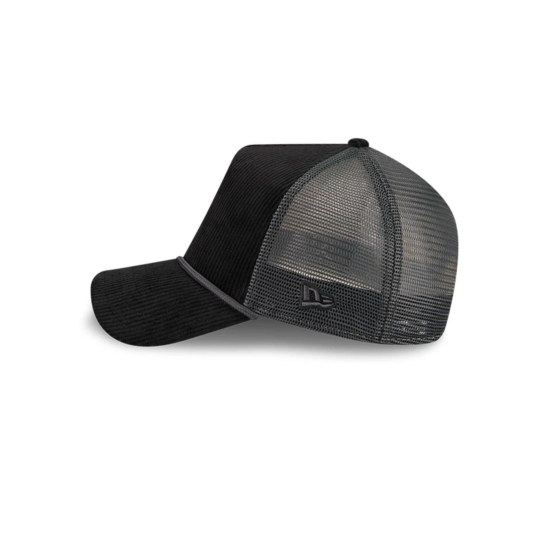 Pictured is this New Era Wide Cord 9FORTY A-Frame Trucker cap in black. 4
