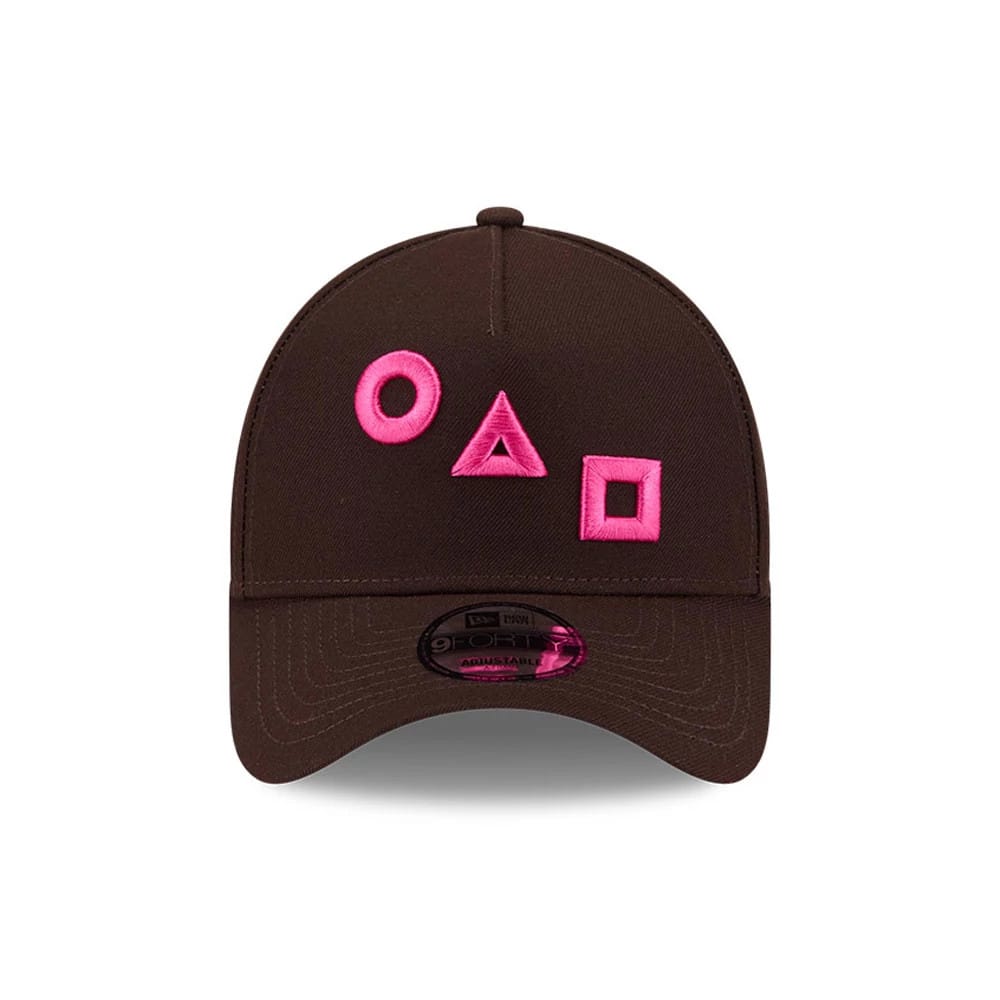 Pictured is this Netflix Squid Game Shapes 9FORTY A-Frame cap in dark brown. 3