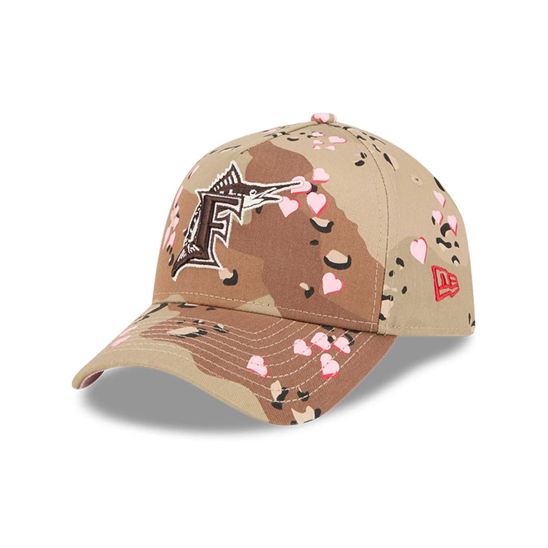 Pictured is this MLB Camo Hearts Miami Marlins 9FORTY A-Frame cap in Desert Camo. 1