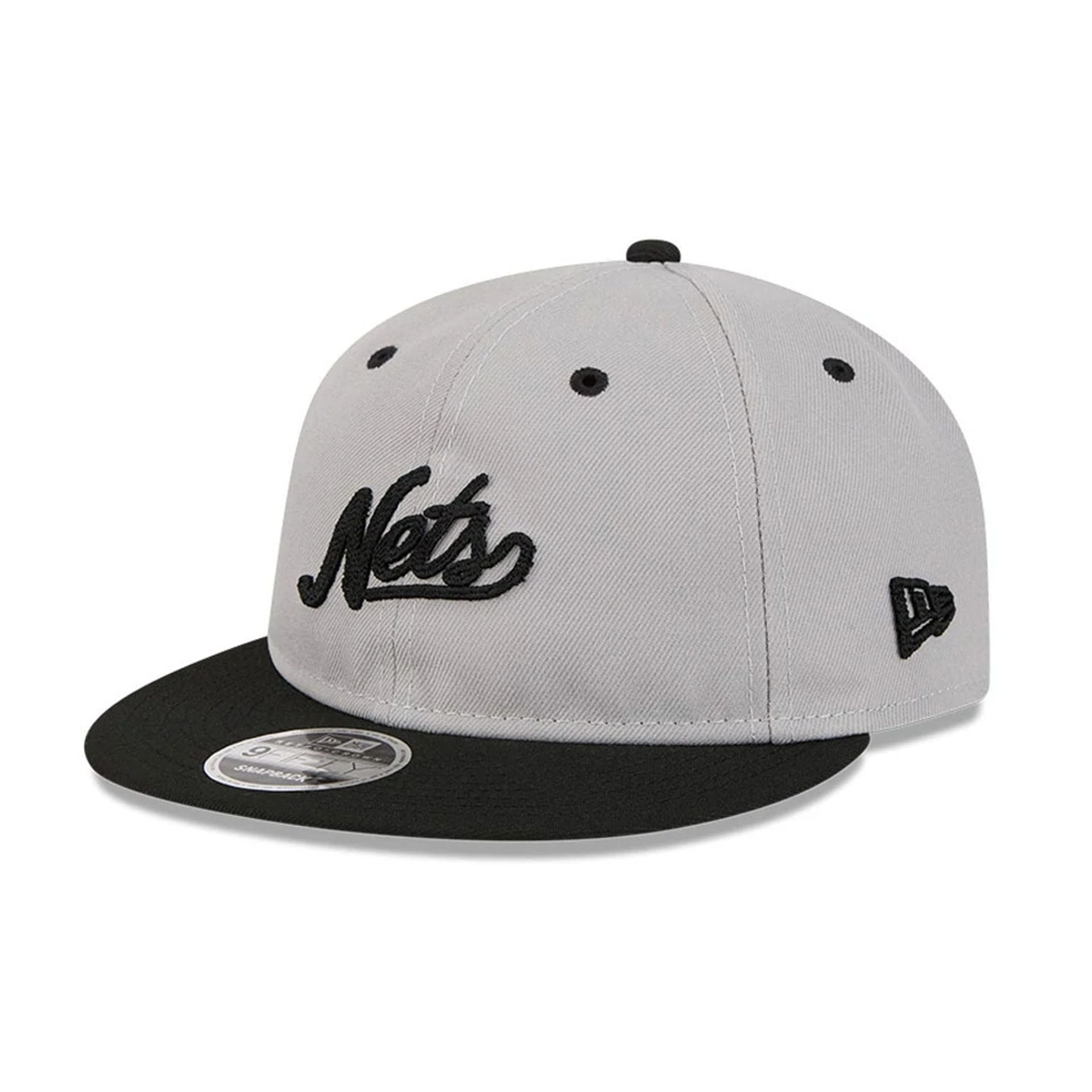 Pictured is this NBA Chainstitch Script Brooklyn Nets Retro Crown 9FIFTY cap in grey. 4