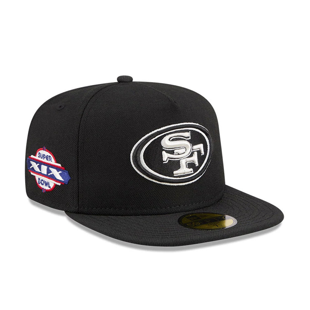 Pictured is this NFL Chiseled Embroidery San Francisco 49ers 59FIFTY A-Frame Fitted cap in black. 1