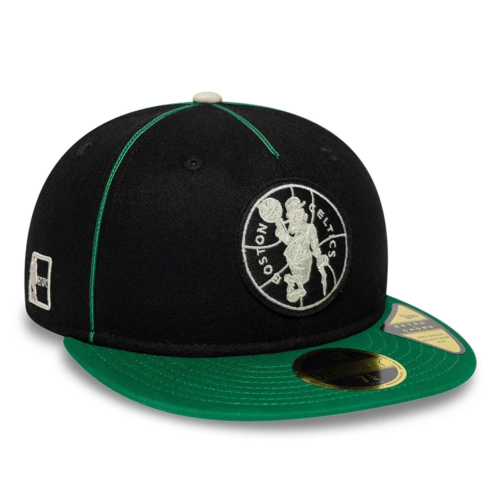 Pictured is this NBA Felt Logo Boston Celtics Retro Crown 59FIFTY Fitted cap in green. 1