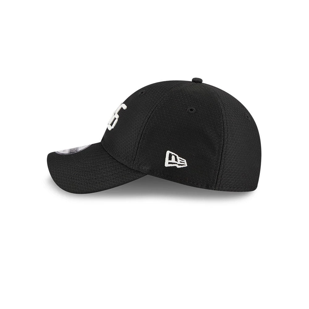 Netflix Squid Game 456 Black New Era 9TWENTY Adjustable Cap, side view showing the white embroidered New Era flag logo on the left side of the structured black crown, with a raised white 456 on the front panel.