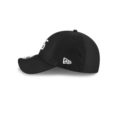 Netflix Squid Game 456 Black New Era 9TWENTY Adjustable Cap, side view showing the white embroidered New Era flag logo on the left side of the structured black crown, with a raised white 456 on the front panel.
