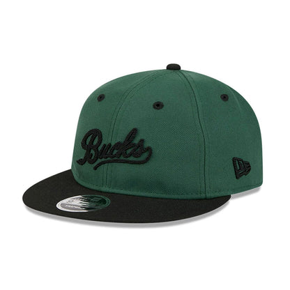 Pictured is this NBA Chainstitch Script Milwaukee Bucks Retro Crown 9FIFTY cap in dark green. 3