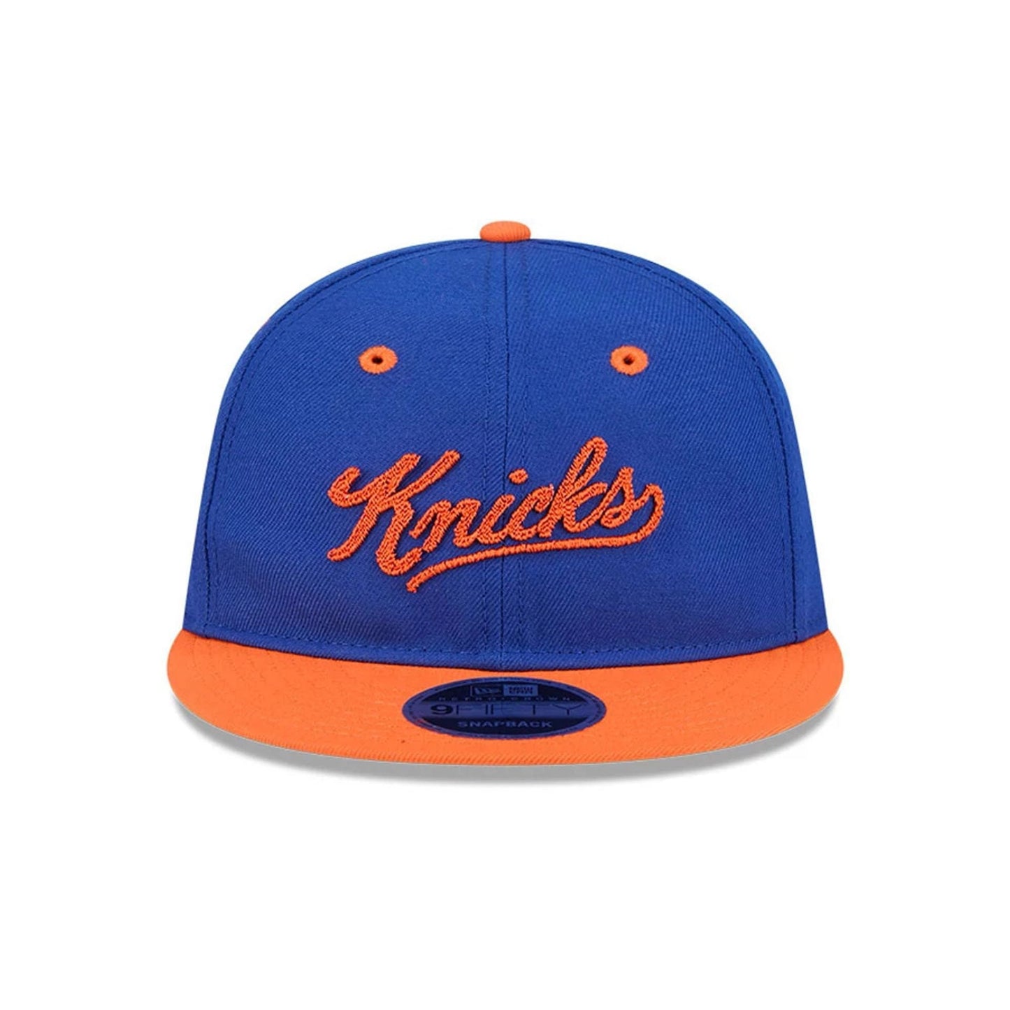 Pictured is this NBA Chainstitch Script New York Knicks Retro Crown 9FIFTY cap in blue. 3