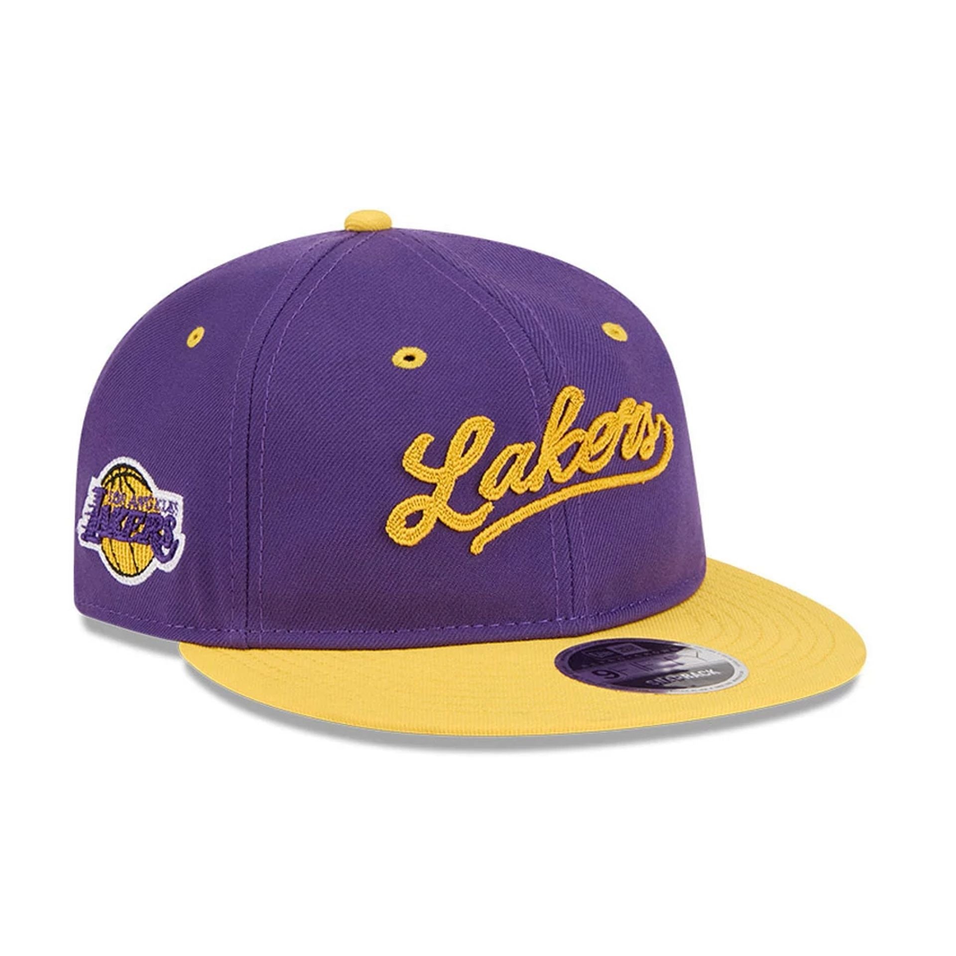 Pictured is this NBA Chainstitch Script LA Lakers Retro Crown 9FIFTY cap in purple. 1